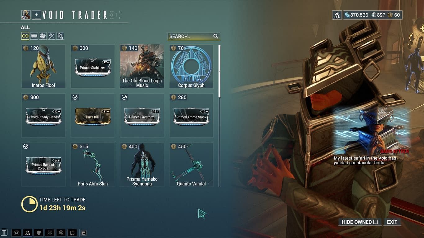 This week's Baro inventory (Image via Sportskeeda || Digital Extremes)